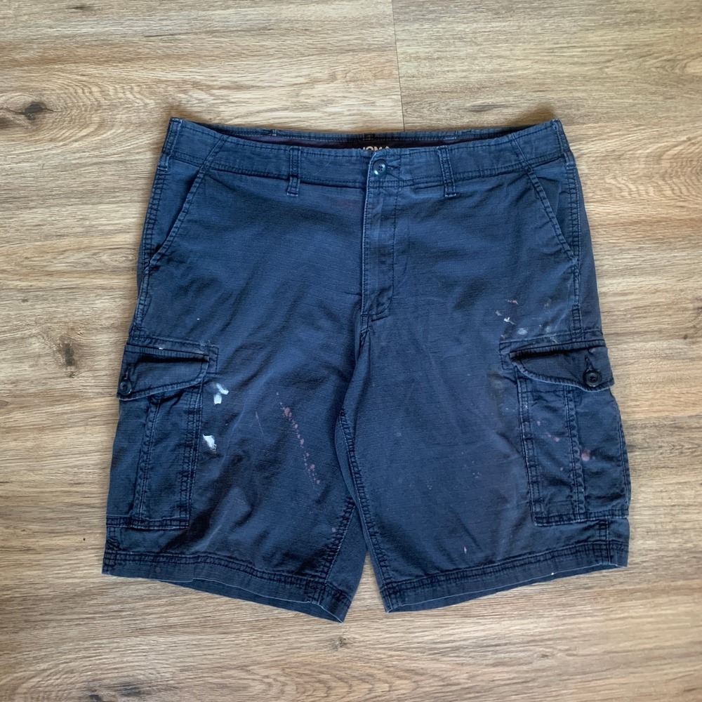 Sonoma Flexwear Cargo Shorts Mens 38 Navy Blue Ripstop Distressed Paint Splatter